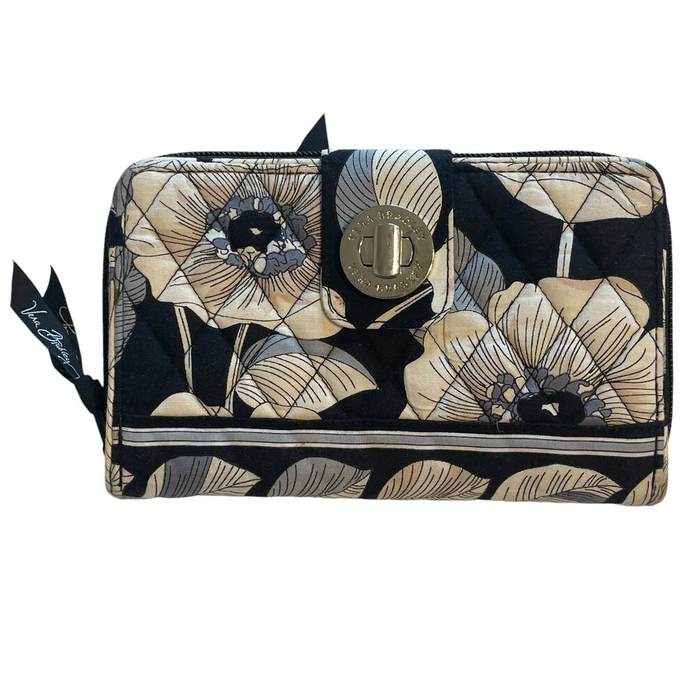 Vera Bradley Turnlock Wallet Camillia Black Floral Quilted Cotton Boho Retro